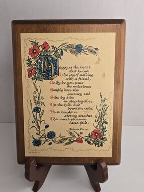 Vintage Cape Craftsman Wooden Wood Wall Plaque Happy Is The Heart...5.5"x 7 3/8"